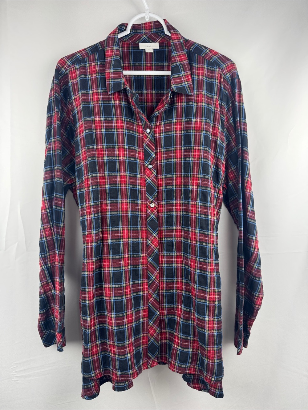 J Jill Button Up Red Black Plaid Tunic Shirt Tie Back Size XL Lightweight